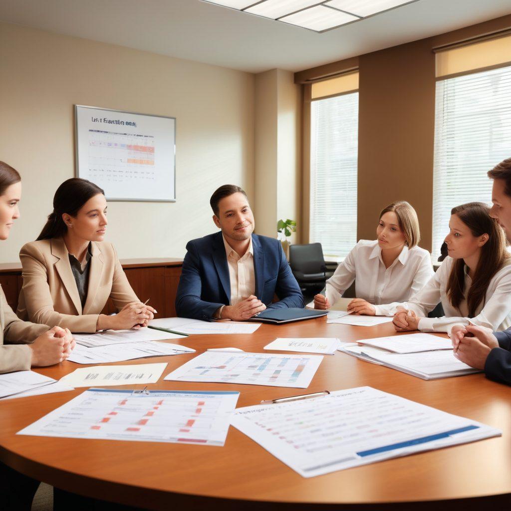 An office scene showing a diverse group of employees discussing family and medical leave policies around a conference table. Include a calendar with marked dates and a booklet labeled 'Leave Policies.' The atmosphere is professional yet friendly, conveying support and understanding. Soft lighting and warm colors to create an inviting environment. super-realistic. vibrant colors.