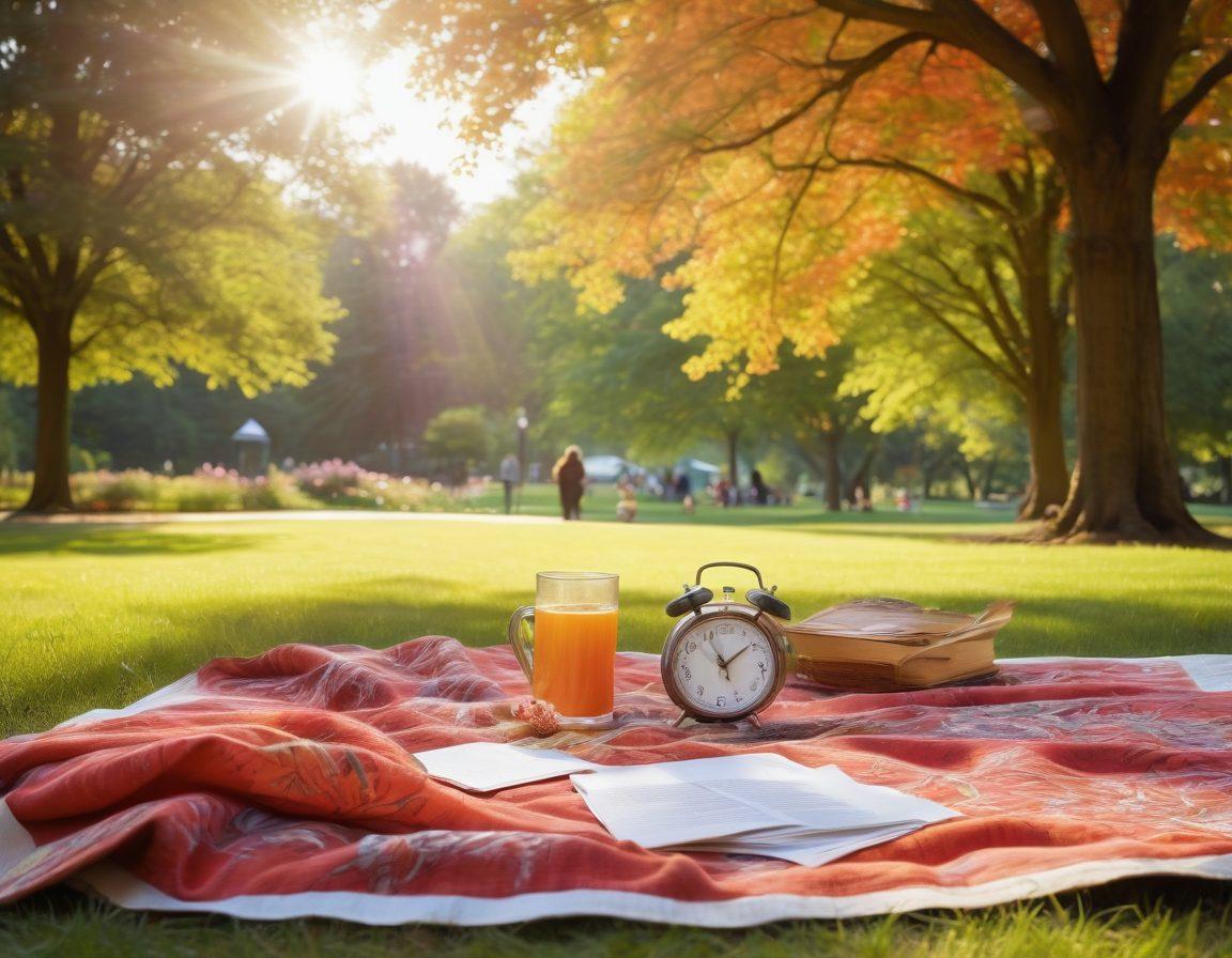 A family gathering in a sunlit park, showcasing diverse family members enjoying a picnic, with legal documents related to FMLA subtly placed on a blanket. In the background, a clock symbolizing time off benefits along with a serene natural landscape to emphasize work-life balance. Colorful flowers and trees frame the scene, enhancing the feeling of harmony. vibrant colors. super-realistic.