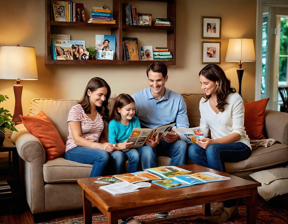 A warm, inviting family scene in a cozy living room, where parents joyfully spend time with their children while surrounded by resources like brochures, a laptop displaying a benefits guide, and a calendar marked with important family leave dates. The atmosphere is filled with light and love, showcasing the importance of family support during leave. super-realistic. vibrant colors. soft lighting.